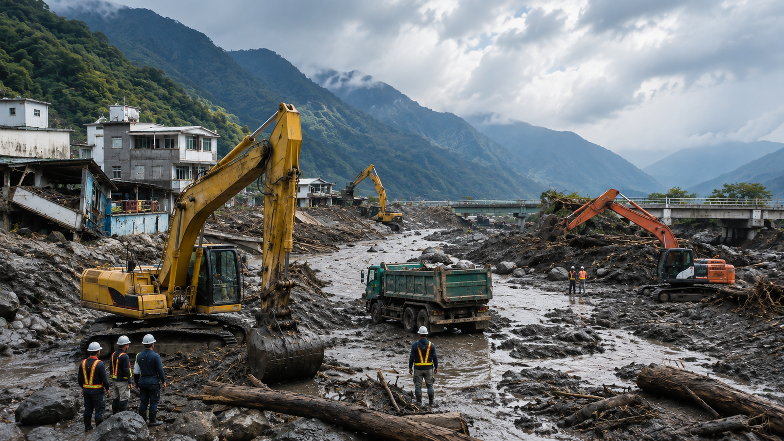 星宏營造投入災後復原，重型機具清運土石與漂流木